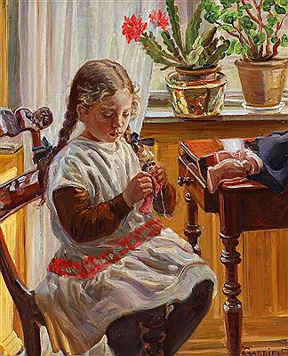Portrait of the artist's daughter Ellen knitting.
