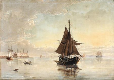 Seascape with sailing ships, in the background Kronborg Castle.