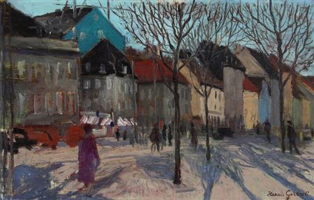 City scenery with walking persons