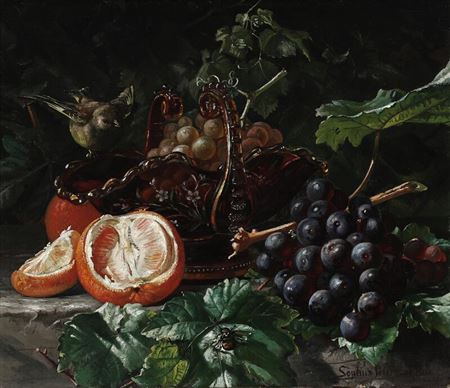 Still life with fruit and a curious bird