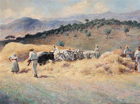 Italian landscape with harvest workers