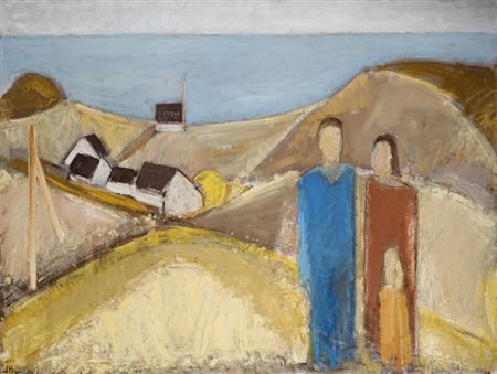 Composition with figures in landscape and the ocean in the background.