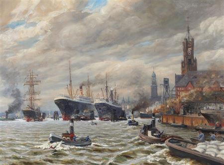 Seascape from port of Hamburg with Hamburger Michel in the background
