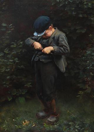 Scenery with a little boy cutting wood