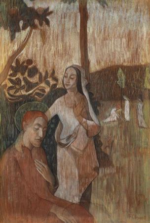 “Dekorativt billede. Den Hellige Frans' Vision med de Tre Hvide Jomfruer”. Decorative picture. The Vision of Saint Francis with the Three White Virgins