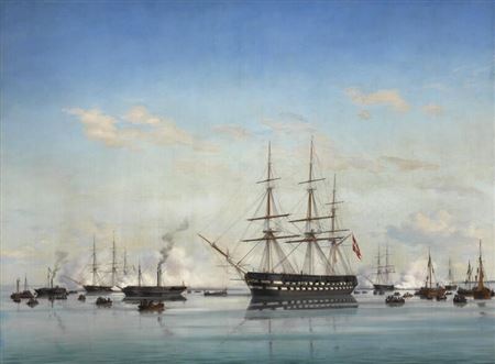 “Den Danske Eskadre til Ankers på Warnemünde Rhed. Deres Kgl. Højheder Kronprinsen og Kronprinsessen have forladt Dampskibet Kiel for at gå ombord i Linieskibet Christian VIII”