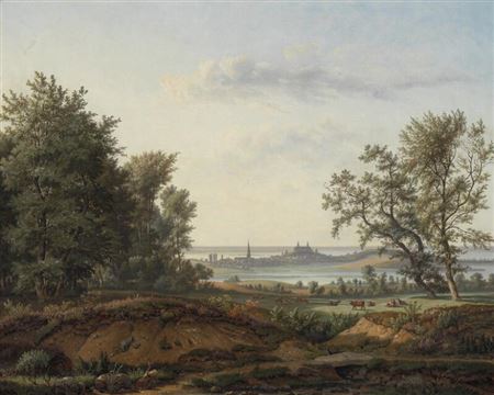 “Plöen med dets Omgivelse; seet fra Landeveien i Nærheden af Riksdorf i Holsteen; tidlig Formiddagsbelysning”. View of Plön with the Castle. Seen from the main road near Rixdorf in Holstein. Early morning light.