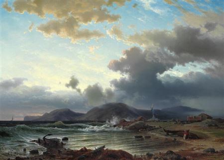 Swedish coastal landscape with an old sailor standing on the beach looking out over the sea. by Axel Wilhelm Nordgreen - Auction record, sale price, and art valuation. Compare with similar artists and explore comparable artworks.