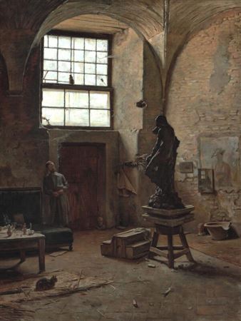 “En Billedhugger i sit Værksted i Rom”. The sculptor Theodor Lundberg (1852–1926) in his studio in Rome. He studies a clay figure placed on a sculpture trestle from a distance