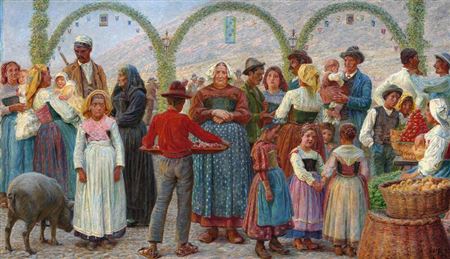 “Marked i Civita d'Antino. Pladsen er i Baggrunden smykket med tre Buer omviklede med Guirlander. by Kristian Zahrtmann - Auction record, sale price, and art valuation. Compare with similar artists and explore comparable artworks.