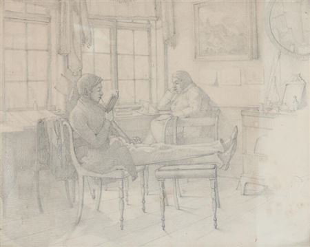 Interior with two reading men.