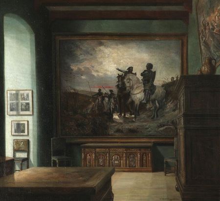 Interior from Frederiksborg Castle with Otto Bache's “De sammensvorne rider fra Finderup efter mordet på Erik Klipping Skt. Cæcilienat 1286”.