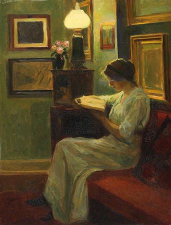Interior with a woman reading in the evening light