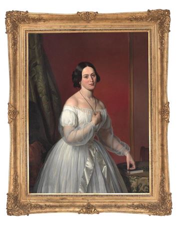 Portrait of Natalie Clotilde Septima Ryge (1819–1895) in a white dress with wide long ribbon around the waist, standing in the red drawing room by a table. One hand rests on a book, the other holds a necklace.