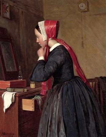 “En Bondepige pynter sig for at gaae til Kirke”. A peasant girl dresses up to go to church
