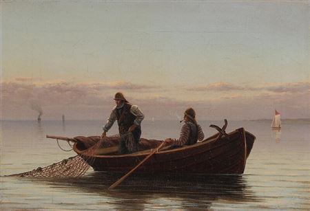 Scenery with two fishermen pulling in their nets. by Gustav Holmbom - Auction record, sale price, and art valuation. Compare with similar artists and explore comparable artworks.