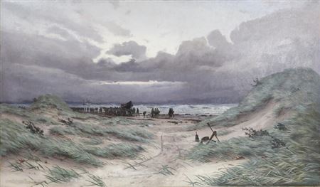People gathering on the beach at Raabjerg after a shipwreck by Oscar Herschend - Auction record, sale price, and art valuation. Compare with similar artists and explore comparable artworks.