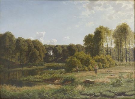 Two young men by a stream on a summer day