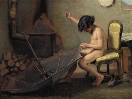 Interior with a young Italian boy fixing an umbrella. by Malthe Odin Engelstedt - Auction record, sale price, and art valuation. Compare with similar artists and explore comparable artworks.