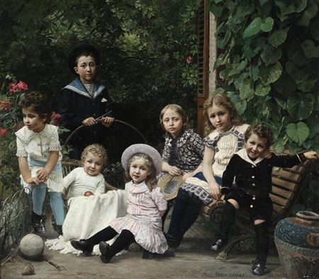 “Portraitgruppe af Børn”. Portrait of the Bernbur, Karl Julius Bernburg, Poul Otto Bernburg, Fritz Bernburg, Hanna Bernburg, Anna Bernburg and Else Bernburg.
