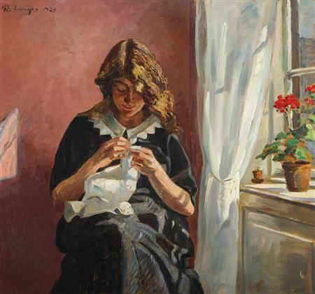 A young girl doing needlework by the window.