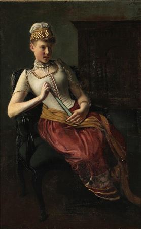 Portrait of a young woman sitting with a fan by Oscar Carl Laurits Schutte - Auction record, sale price, and art valuation. Compare with similar artists and explore comparable artworks.
