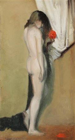 Naked woman holding a shedding rose