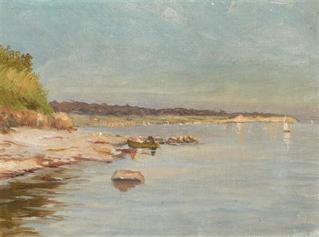Coast scenery with persons in a boat.