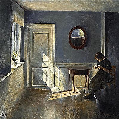 Interior with sunlight through the window and a young girl reading a letter.