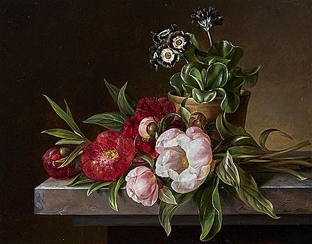 Still life with peonies and flowerpot with primroses on a stone sill.