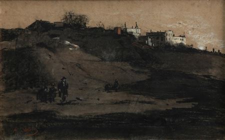 Animated hilly landscape with houses in the distance