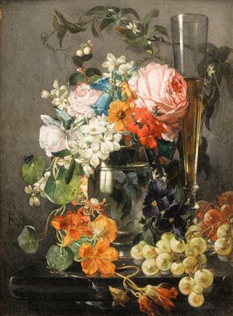Still life with flowers and a flute glass on a stone entablement