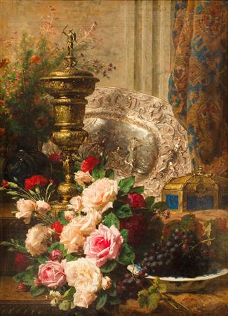 Still life with silverware, roses, grapes and a jewellery box.