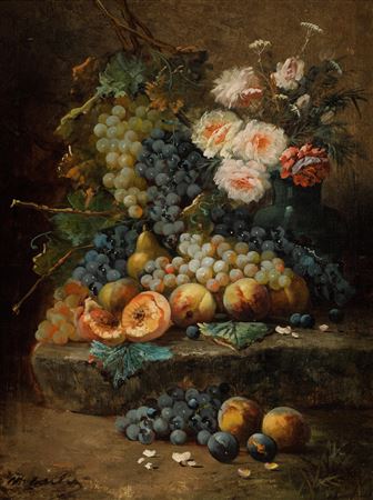 Still life with black and white grapes, peaches, pears, plums and peonies.