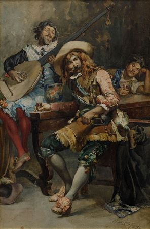 17th-century interior with musician and drinking companions