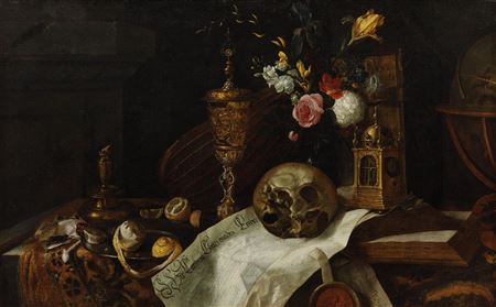 Vanitas still life with flowers, skull, goblet and lantern clock
