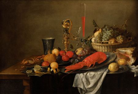 Still life with a lobster, fruit and glasses