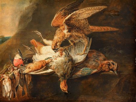 Hunting still life of a falconer with a falcon and poultry