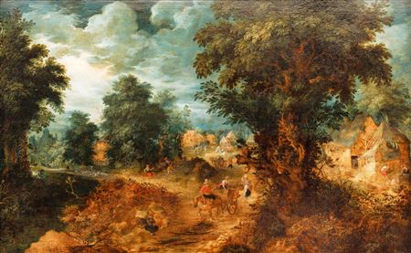 Wooded landscape with carts, travellers, and shepherds in front of a village.