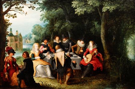 Elegant company in a castle garden.