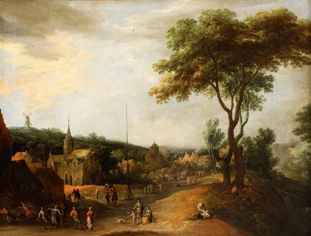 Landscape with a village fair in a vast hilly landscape.