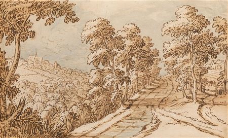 Field road with trees and a village in a valley on the left.