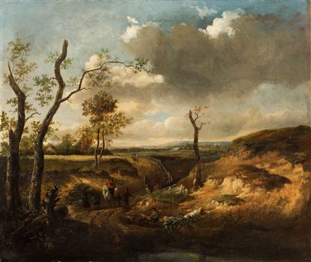 Hilly landscape with travelers.
