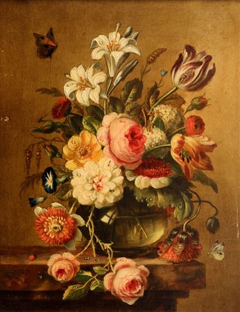 Still life with flowers in a vase and butterflies on a stone ledge.