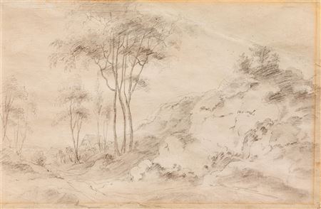 Landscape hill, country road and farmhouse in the distance.