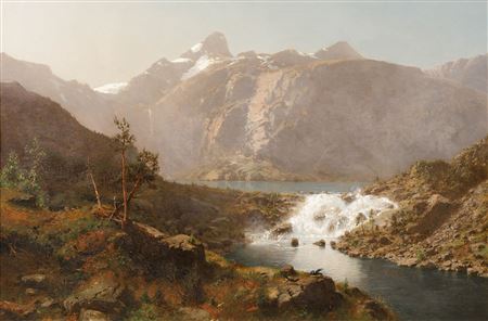 Mountainous landscape with river and waterfall