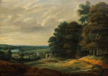 Hilly Landscape with Shepherds and Sheep Near a Village