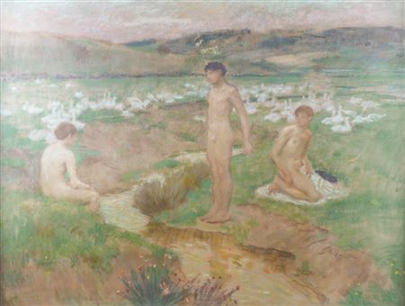 Boys bathing by a stream surrounded by geese