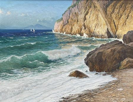 Bright Coastal Landscape with Capri Coast, Sailboats, and Mt. Vesuvius in the Distance