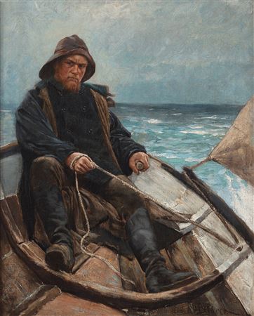 A fisherman in his boat at sea